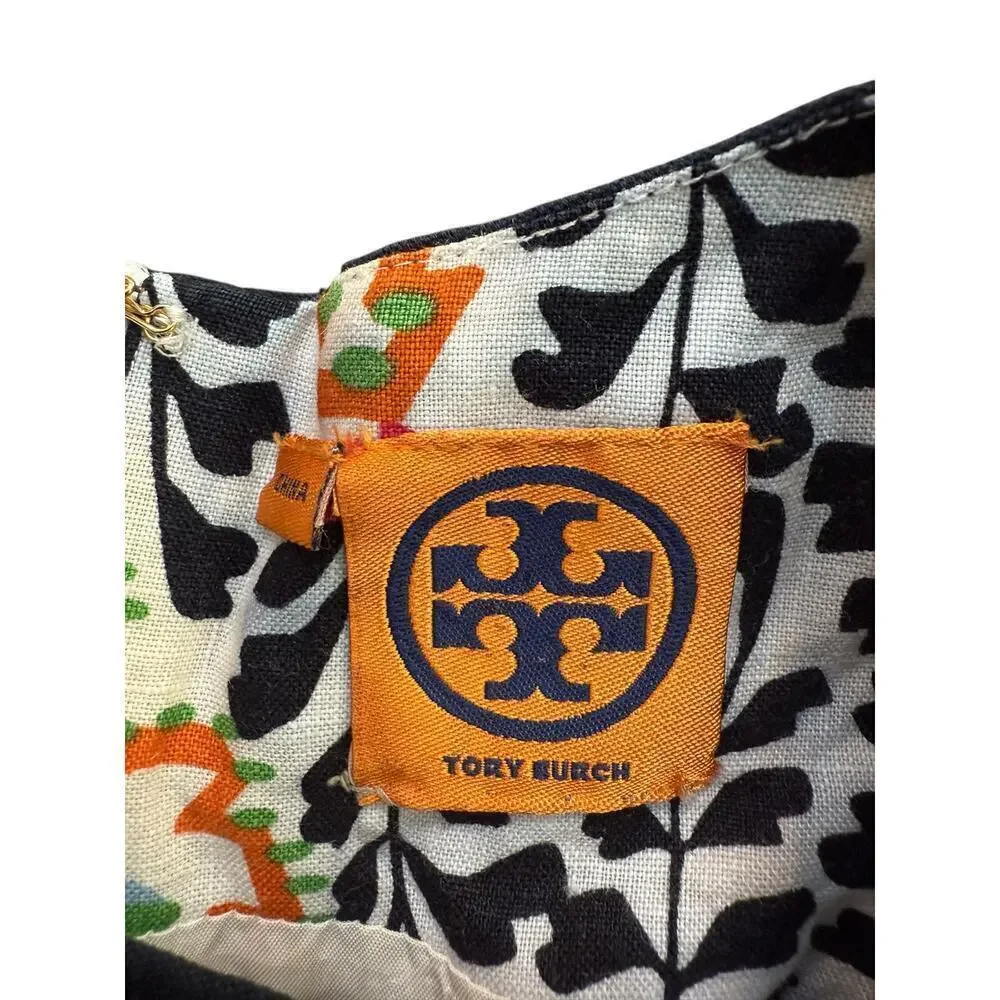 Tory Burch Women's Navy Blue orange Sleeveless Floral Shift Dress Size 8 M
